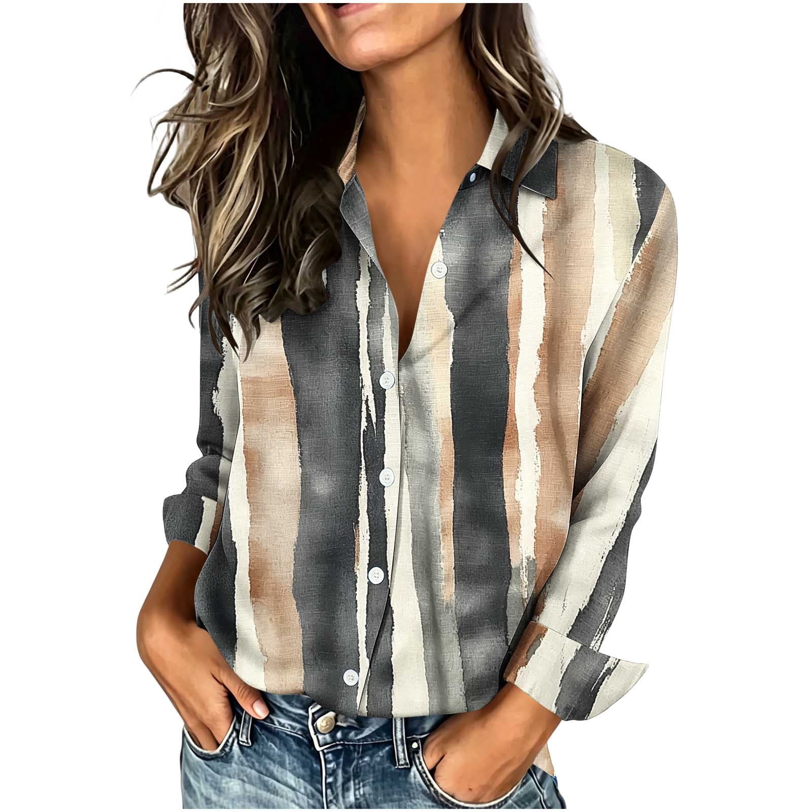 Ruimatai Womens Collared Long Sleeve Button Front Printed Casual Blouse ...