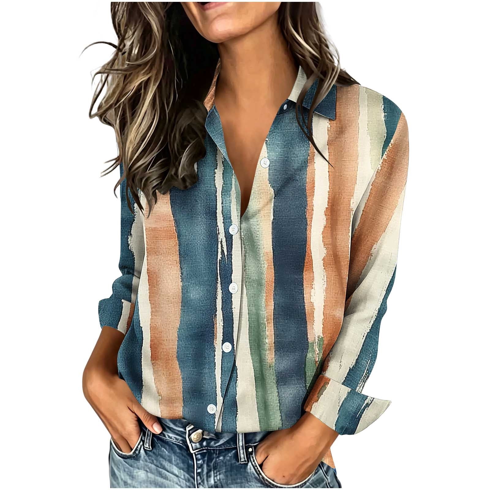 Ruimatai Womens Collared Long Sleeve Button Front Printed Casual Blouse ...