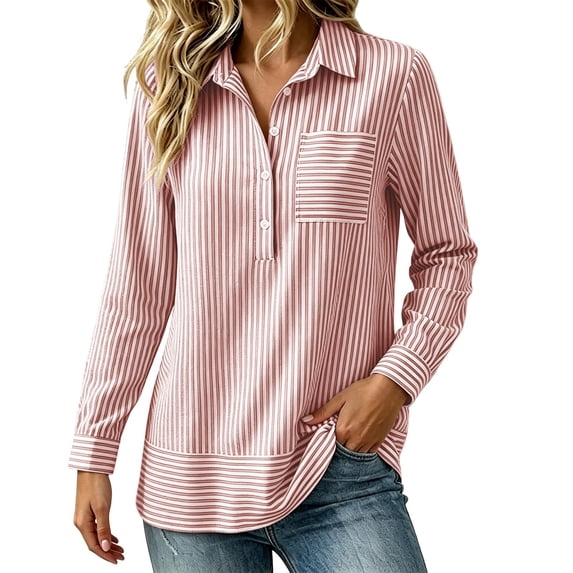 Ruimatai Striped Button Down Shirts for Women Collared Long Sleeve Shirts Casual Loose Fit Blouses Tops with Pocket