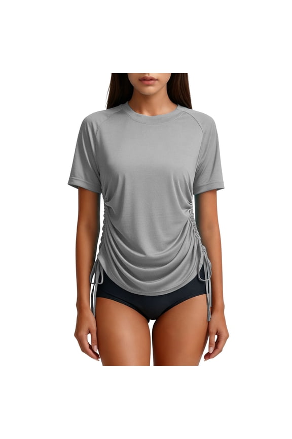 Womens Crew Neck Drawstring Side Short Sleeve T Shirt Casual Loose Fit Workout Tops for Gym Daily Wear