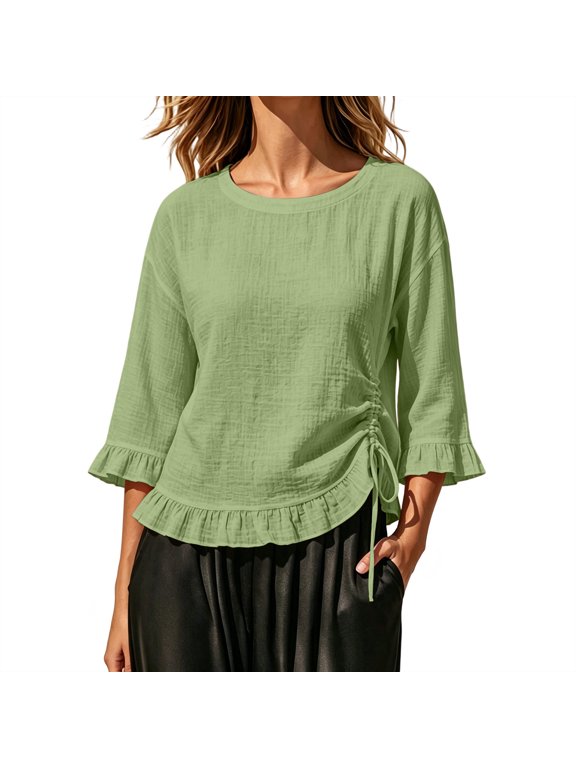 Womens Drawstring Tops Round Neck Ruffle 3/4 Sleeve Solid Side Ruched Casual Pullover Blouses