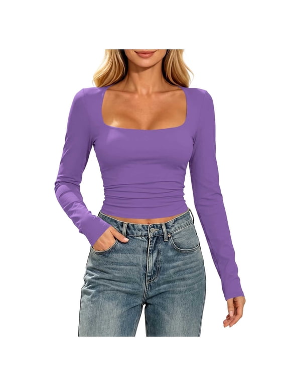 Womens Fitted Tops Square Neck Solid Long Sleeve Ruched Cropped Casual Layering Blouses