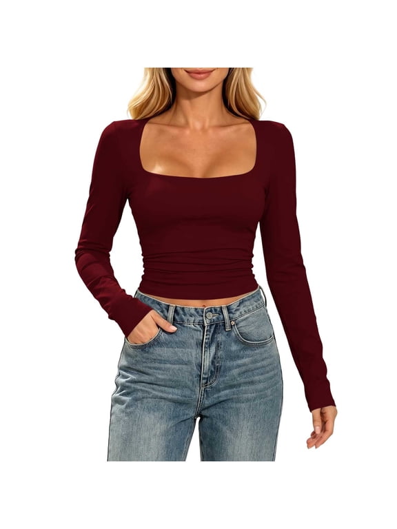 Womens Fitted Tops Square Neck Solid Long Sleeve Ruched Cropped Casual Layering Blouses