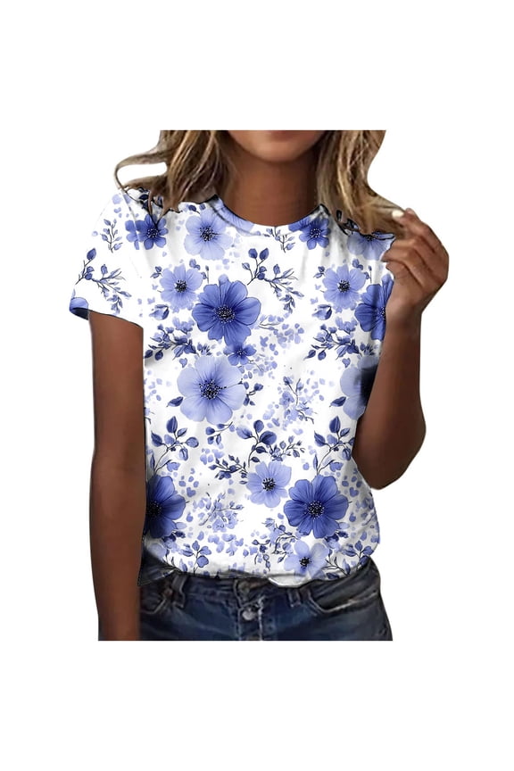 Womens Floral Graphic T-Shirts Plus Size Vintage Plant Flowers Print Shirt Casual Boho Crew Neck Short Sleeve Tee Tops