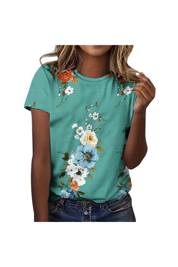 Womens Floral Graphic T-Shirts Plus Size Vintage Plant Flowers Print Shirt Casual Boho Crew Neck Short Sleeve Tee Tops