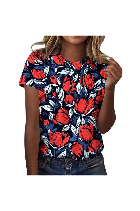Womens Floral Graphic T-Shirts Plus Size Vintage Plant Flowers Print Shirt Casual Boho Crew Neck Short Sleeve Tee Tops