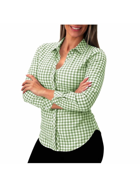 Womens Gingham Button Down Shirts Collared Long Sleeve Plaid Fitted Waist Casual Blouses
