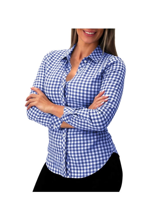 Womens Gingham Button Down Shirts Collared Long Sleeve Plaid Fitted Waist Casual Blouses