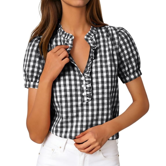 Ruimatai Womens Gingham Ruffle Trim V Neck Puff Short Sleeve Blouse Casual Loose Fit Tops for Daily Wear Office Vacation