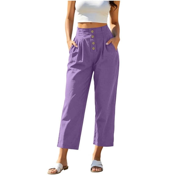 Ruimatai Womens High Waist Button Front Pleated Capri Pants Pockets Straight Leg Casual Trousers