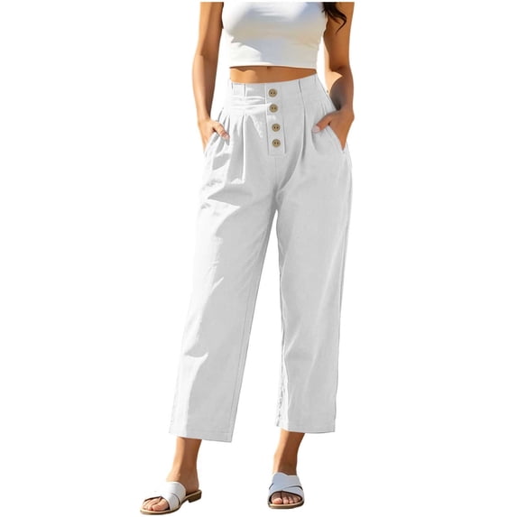 Ruimatai Womens High Waist Button Front Pleated Capri Pants Pockets Straight Leg Casual Trousers