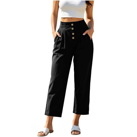 Ruimatai Womens High Waist Button Front Pleated Capri Pants Pockets Straight Leg Casual Trousers
