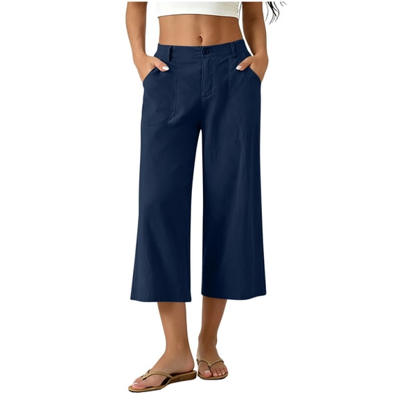 Ruimatai Womens High Waist Capri Pants Button Fly Patch Pockets Wide Straight Casual Daily Trousers