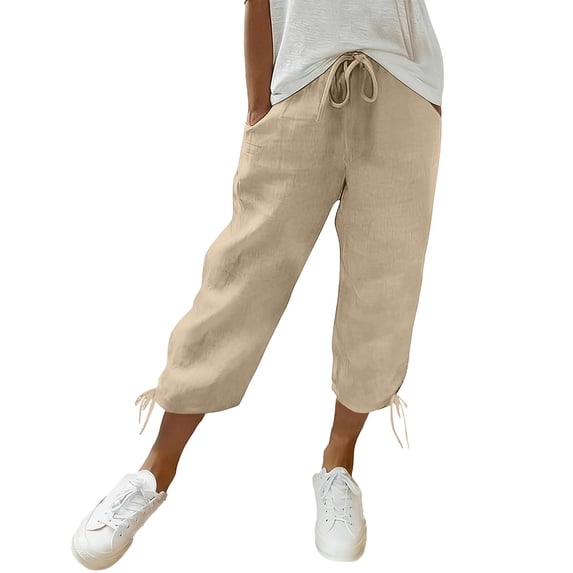Ruimatai Womens High Waist Capri Pants Drawstring Pockets Tie Hem Loose Casual Summer Daily Trousers