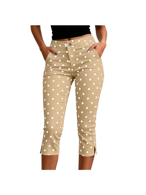 Womens High Waist Capri Pants Polka Dot Print Split Hem Button Zip Pocket Slim Casual Daily Trousers