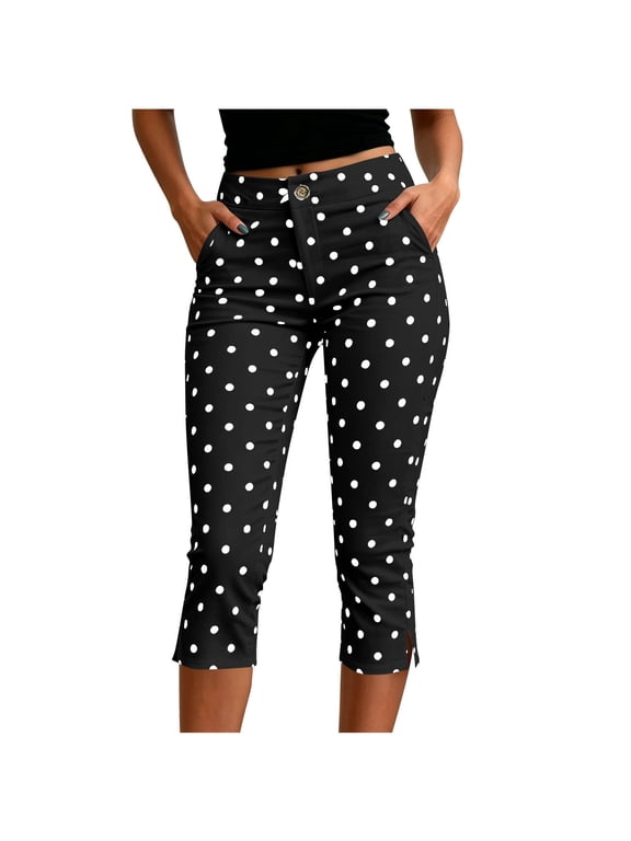 Womens High Waist Capri Pants Polka Dot Print Split Hem Button Zip Pocket Slim Casual Daily Trousers