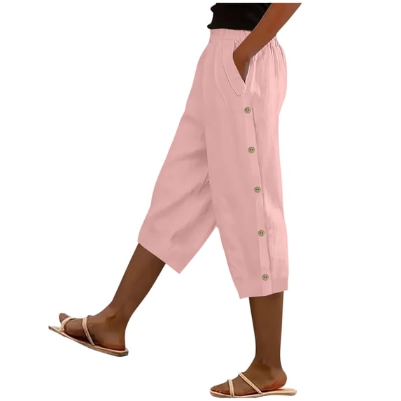 Ruimatai Womens High Waist Capri Pants with Pockets Button Side Elastic Waist Casual Summer Vacation Daily Lounge Trousers