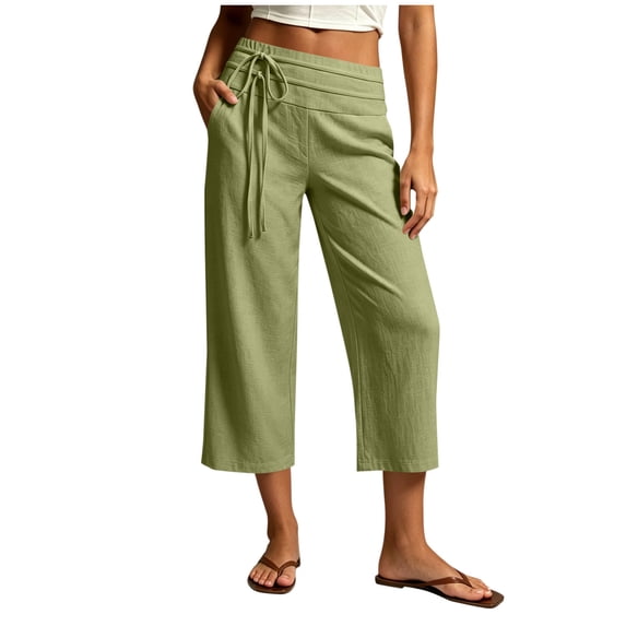 Ruimatai Womens High Waist Linen Capri Pants with Pockets Drawstring Wide Leg Casual Summer Vacation Daily Lounge Trousers