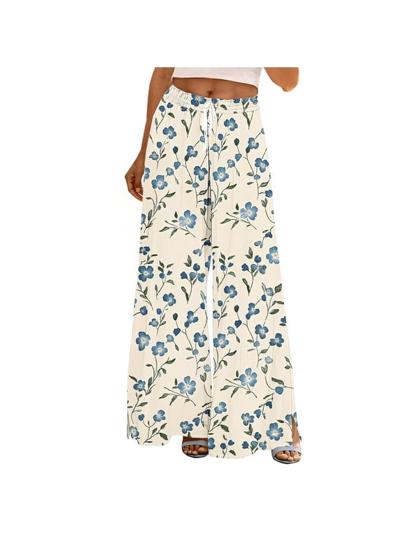 Womens High Waist Wide Leg Pants Floral Print Drawstring Side Slit Pocket Loose Casual Full Length Trousers