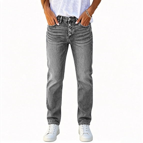 Ruimatai Womens Jeans Straight Leg Denim Pants Button Fly High Waist Belt Loops Casual Classic Trousers