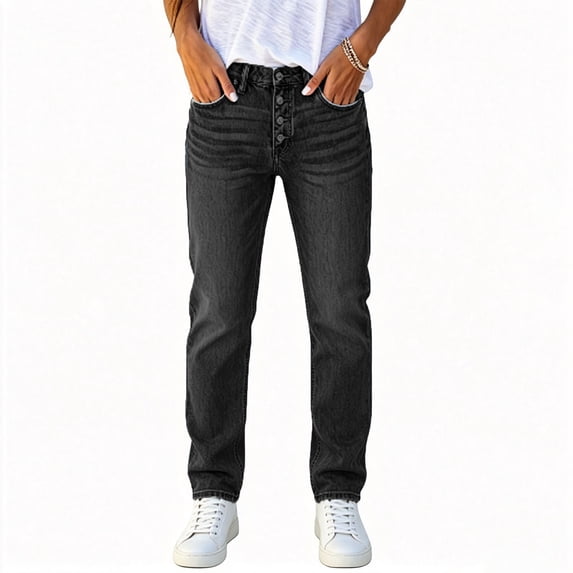 Ruimatai Womens Jeans Straight Leg Denim Pants Button Fly High Waist Belt Loops Casual Classic Trousers
