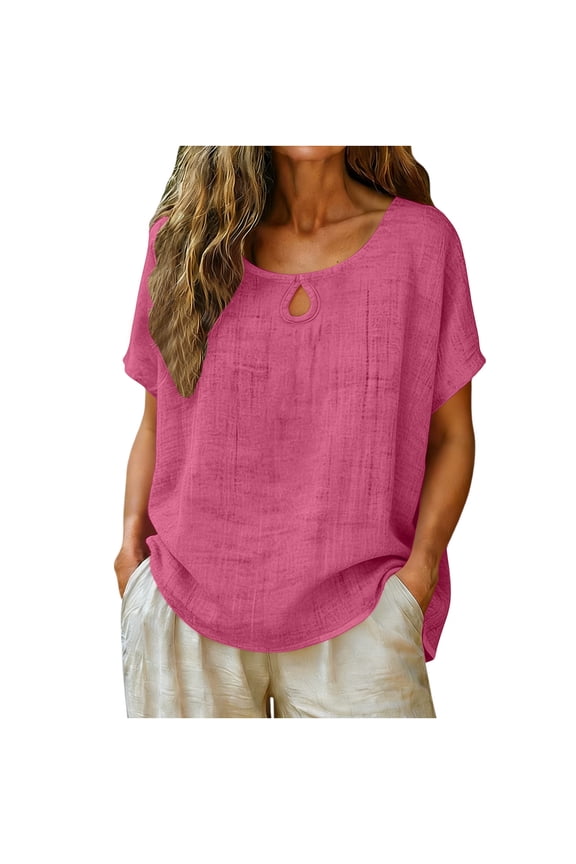 Womens Keyhole Neck Short Sleeve 100% Polyester Blouse Casual Loose Fit Tops for Daily Wear Office Vacation