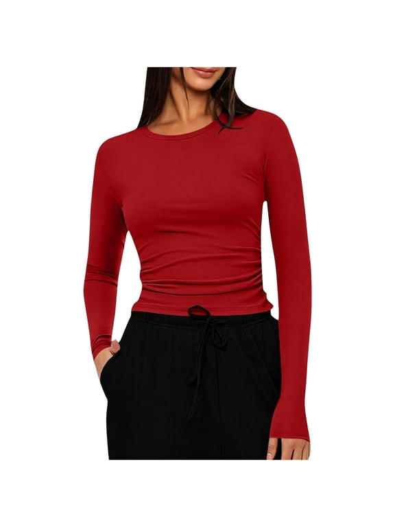 Womens Long Sleeve Fitted Tops Crew Neck Side Ruched Slim Casual Cropped Shirts