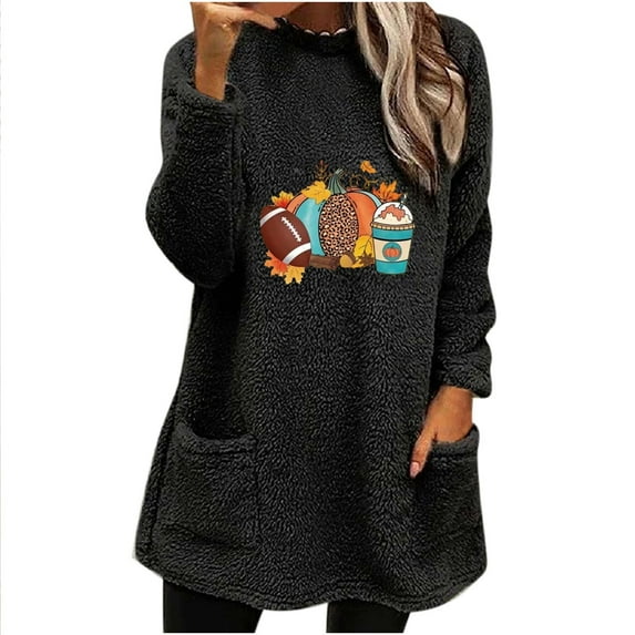 Ruimatai Womens Long Sleeves Ribbed Knit Tunic Shirts Crew Neck Tops Fit Blouses Women's Thanksgiving Day Round- Neck And Winter Loose Print Pocket Warm Long Sleeve Blouse Tops