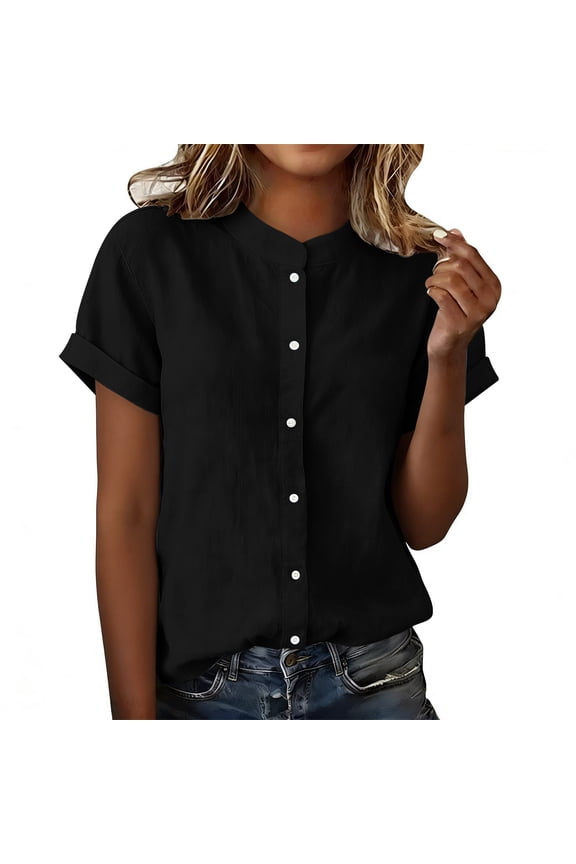 Womens Mandarin Collar Button Front Short Sleeve Blouse Casual Loose Fit Tops for Daily Wear Office Vacation