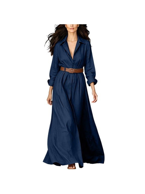 Womens Maxi Dresses Collar Button Roll Sleeve Belted Waist Loose Shirt Vacation Casual Dresses