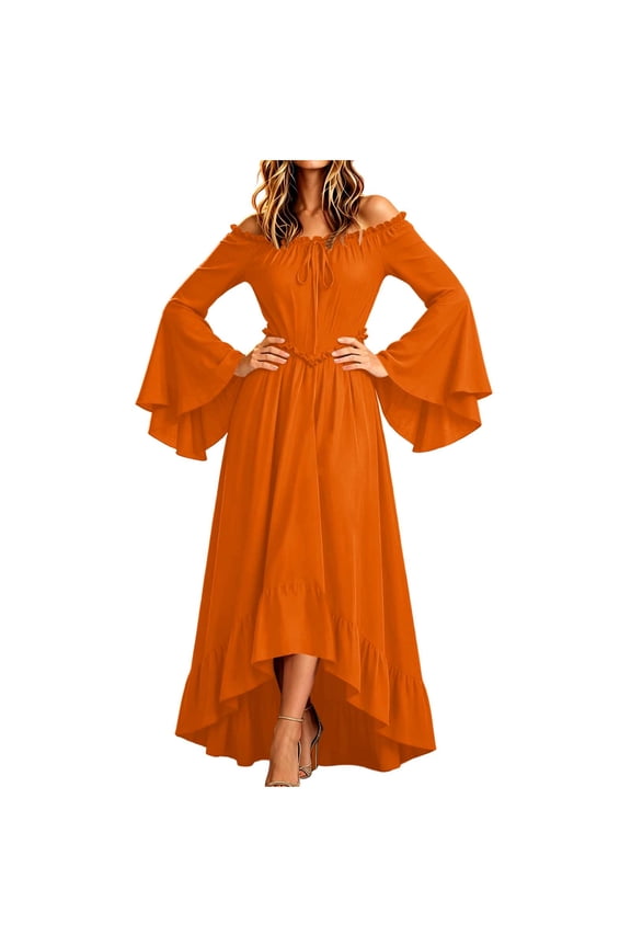Womens Maxi Dresses Off Shoulder Ruffle Lace Up Bell Sleeve High Low Gothic Halloween Party Dresses