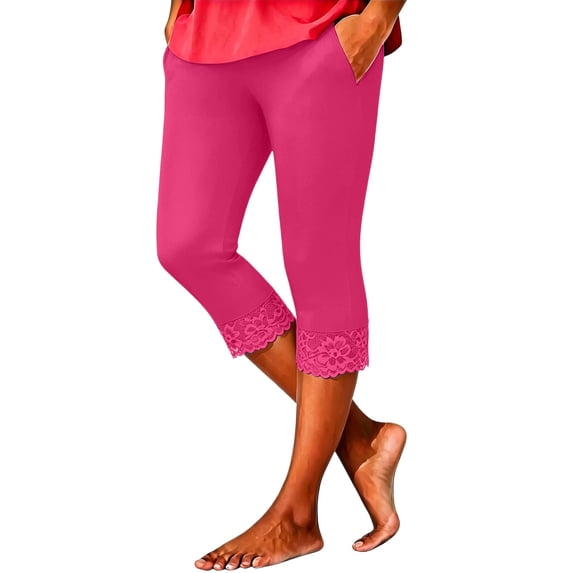 Ruimatai Womens Mid Rise Capri Leggings Lace Hem Pockets Stretch Casual Daily Trousers