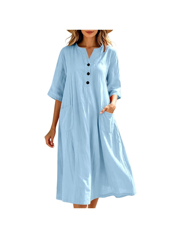 Womens Midi Dresses Notch V Neck Button Pocket 3/4 Sleeve Loose Shift Casual Vacation Dresses
