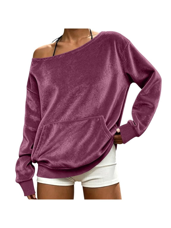 Womens Off Shoulder Velvet Sweatshirt Long Sleeve Oversized Pullover Kangaroo Pocket Casual Daily Top