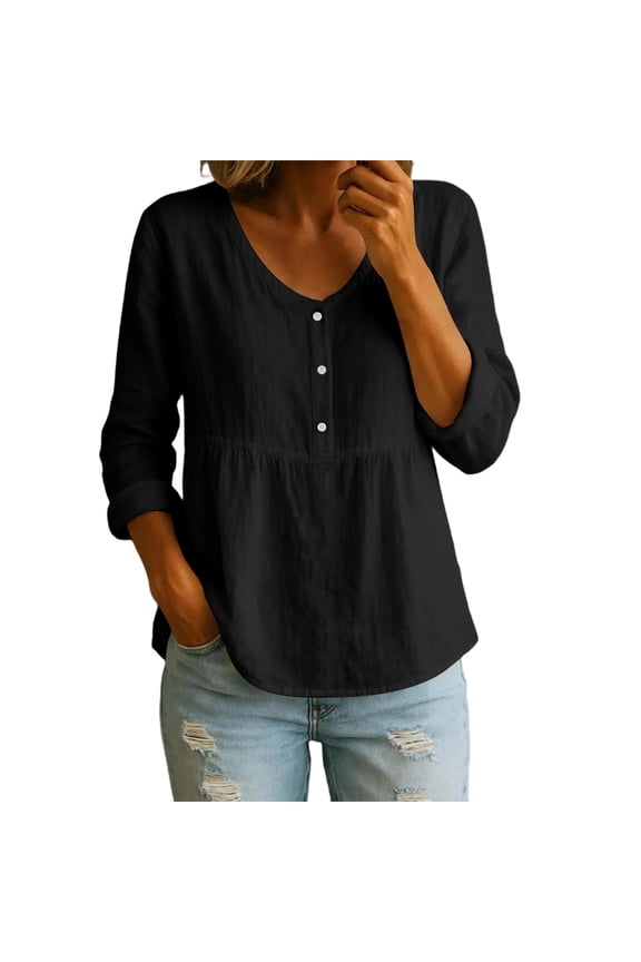 Womens Peplum Tunic Blouses V Neck Button Front Roll Up Long Sleeve Loose Casual Pullover Tops