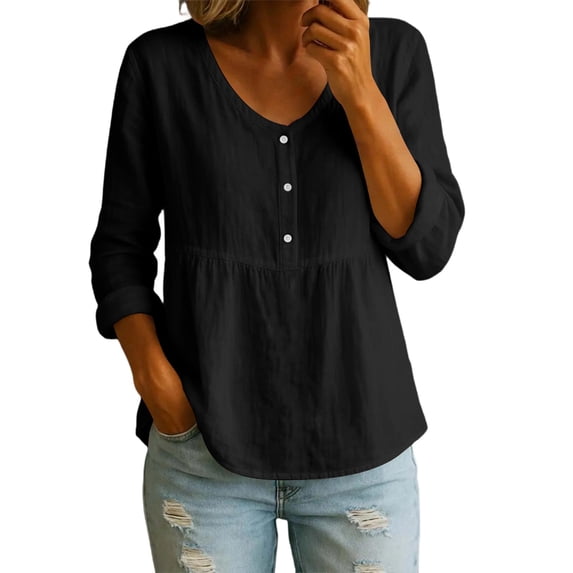 Ruimatai Womens Peplum Tunic Blouses V Neck Button Front Roll Up Long Sleeve Loose Casual Pullover Tops