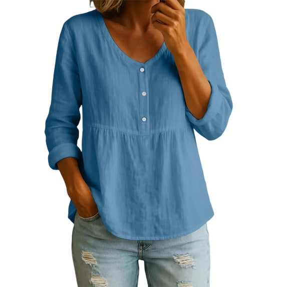 Ruimatai Womens Peplum Tunic Blouses V Neck Button Front Roll Up Long Sleeve Loose Casual Pullover Tops