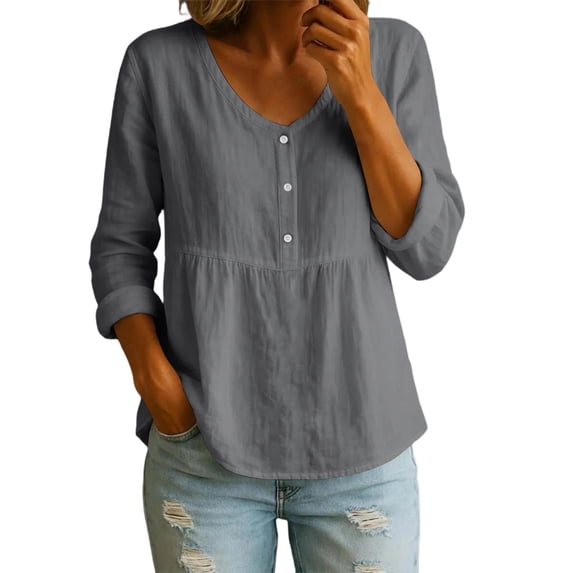 Ruimatai Womens Peplum Tunic Blouses V Neck Button Front Roll Up Long Sleeve Loose Casual Pullover Tops