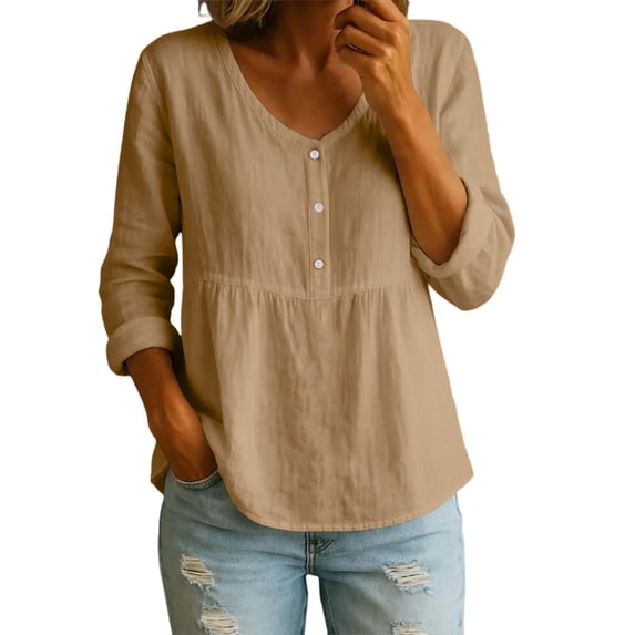 Ruimatai Womens Peplum Tunic Blouses V Neck Button Front Roll Up Long Sleeve Loose Casual Pullover Tops