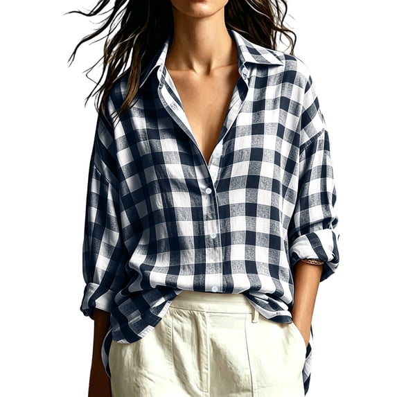 Ruimatai Womens Plaid Shirts Collared Button Down Oversized Long Sleeve Loose Casual Blouses