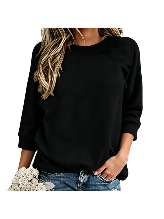 Womens Plain Sweatshirts Crew Neck 3/4 Sleeve Loose Pullover Tops Versatile Neutral Solid Casual Sweatshirt Blouses