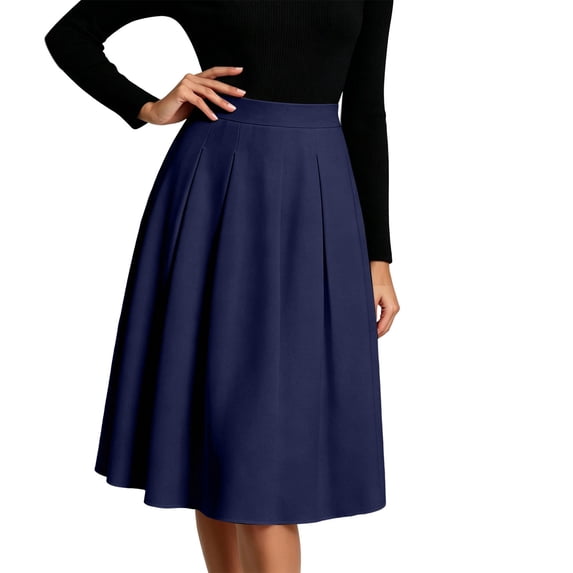 Ruimatai Womens Pleated Midi Skirt High Waist Elastic Pocket Work Office Casual Spring Daily Flowy A-Line Skirt