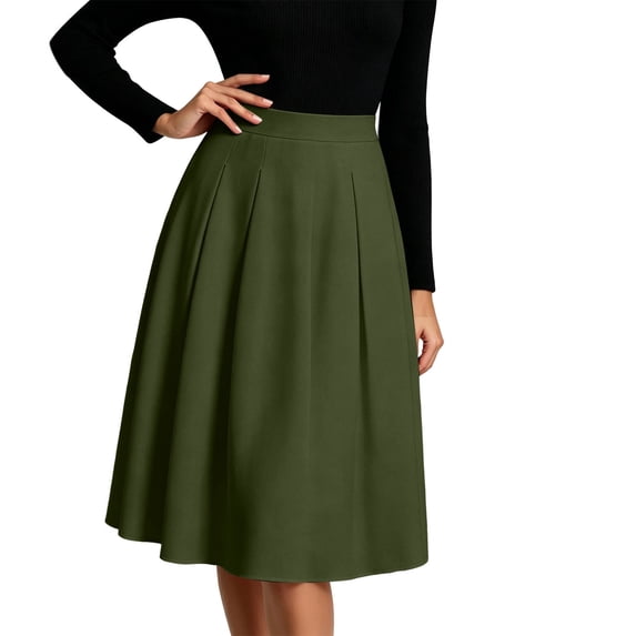 Ruimatai Womens Pleated Midi Skirt High Waist Elastic Pocket Work Office Casual Spring Daily Flowy A-Line Skirt