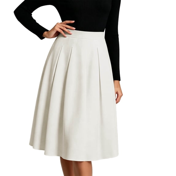 Ruimatai Womens Pleated Midi Skirt High Waist Elastic Pocket Work Office Casual Spring Daily Flowy A-Line Skirt