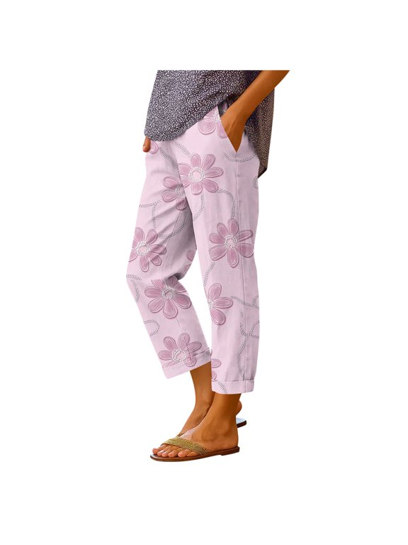 Womens Printed Lounge Pants Elastic Waist Side Pocket Rolled Hem Loose Casual Trousers Daily Home Wear