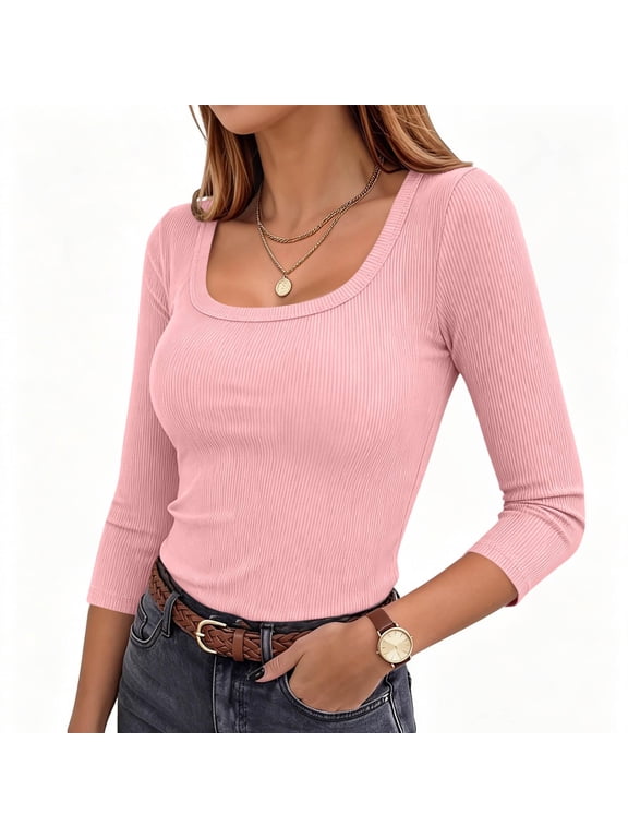 Womens Ribbed Tees Square Neck 3/4 Sleeve Slim Fit Basic Layering Pullover Tops