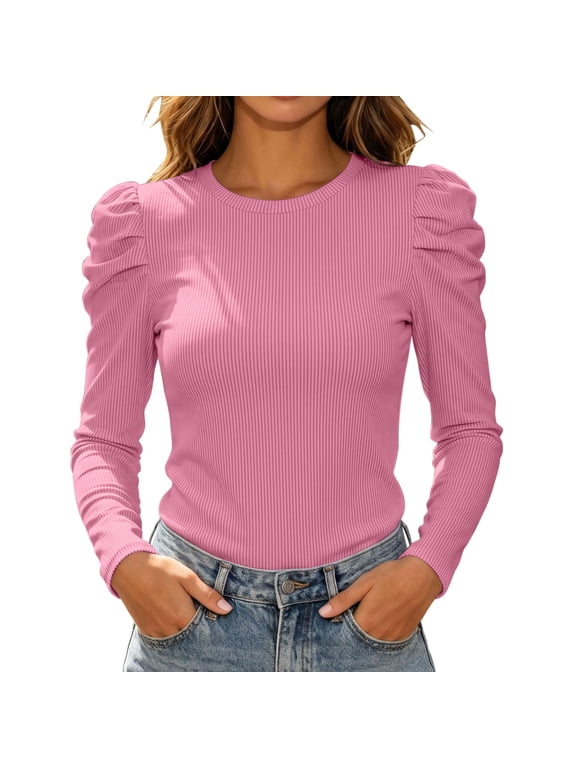 Womens Ribbed Tops Crew Neck Puff Shoulder Long Sleeve Fitted Casual Pullover Blouses