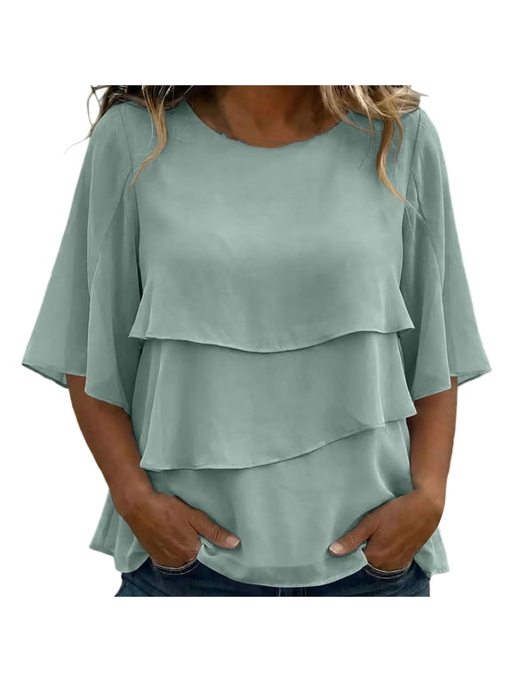 Womens Ruffle Blouses Crew Neck Flared Half Sleeve Tiered Layer Solid Loose Casual Pullover Tops