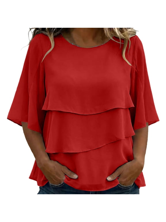 Womens Ruffle Blouses Crew Neck Flared Half Sleeve Tiered Layer Solid Loose Casual Pullover Tops