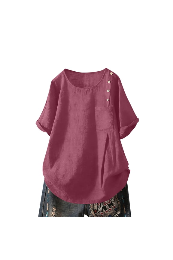 Womens Side Button Short Sleeve Blouse Casual Loose Fit 100% Polyester Tops for Daily Wear Outdoor Activities Vacation